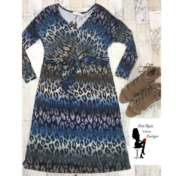 Olive and Navy Long Sleeve Animal Print Dress Size Medium - Picture 1 of 3